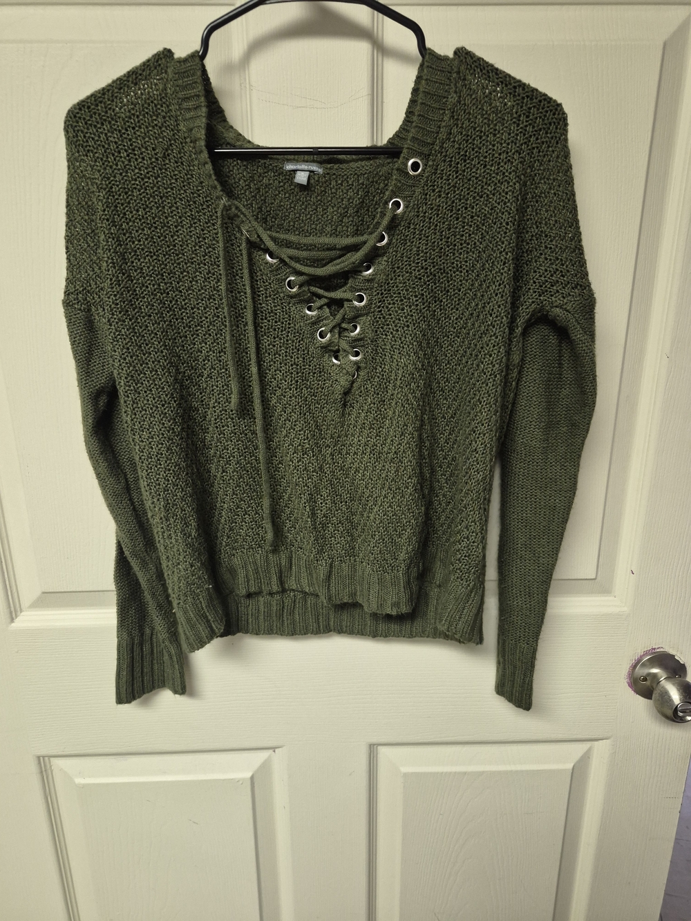Charlotte Russe Olive Lace-Up V-Neck Knit Sweater